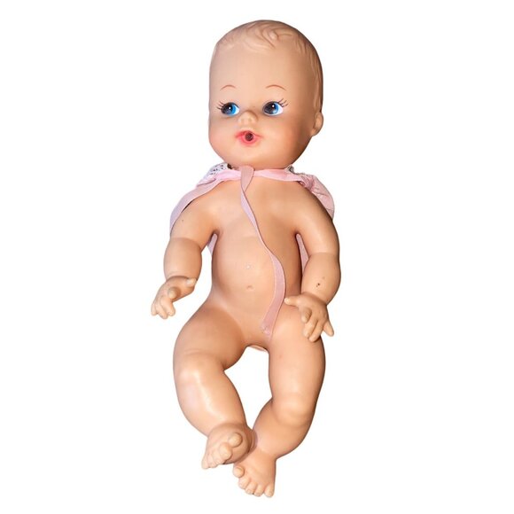 Vintage Baby Doll With Pink Lace Bonnet Blue Eyes & Articulated Limbs - Picture 1 of 12